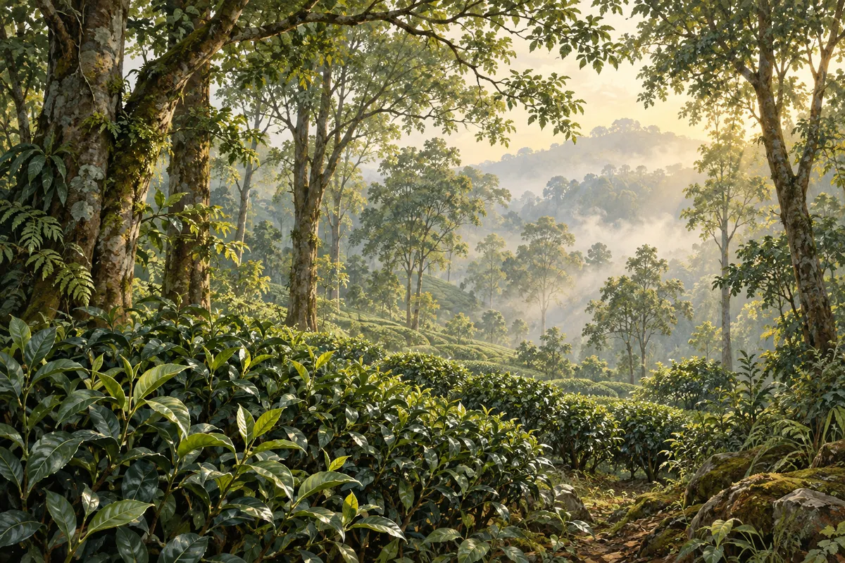 AI-generated conceptual illustration of tea shrubs growing beneath tall shade trees.
